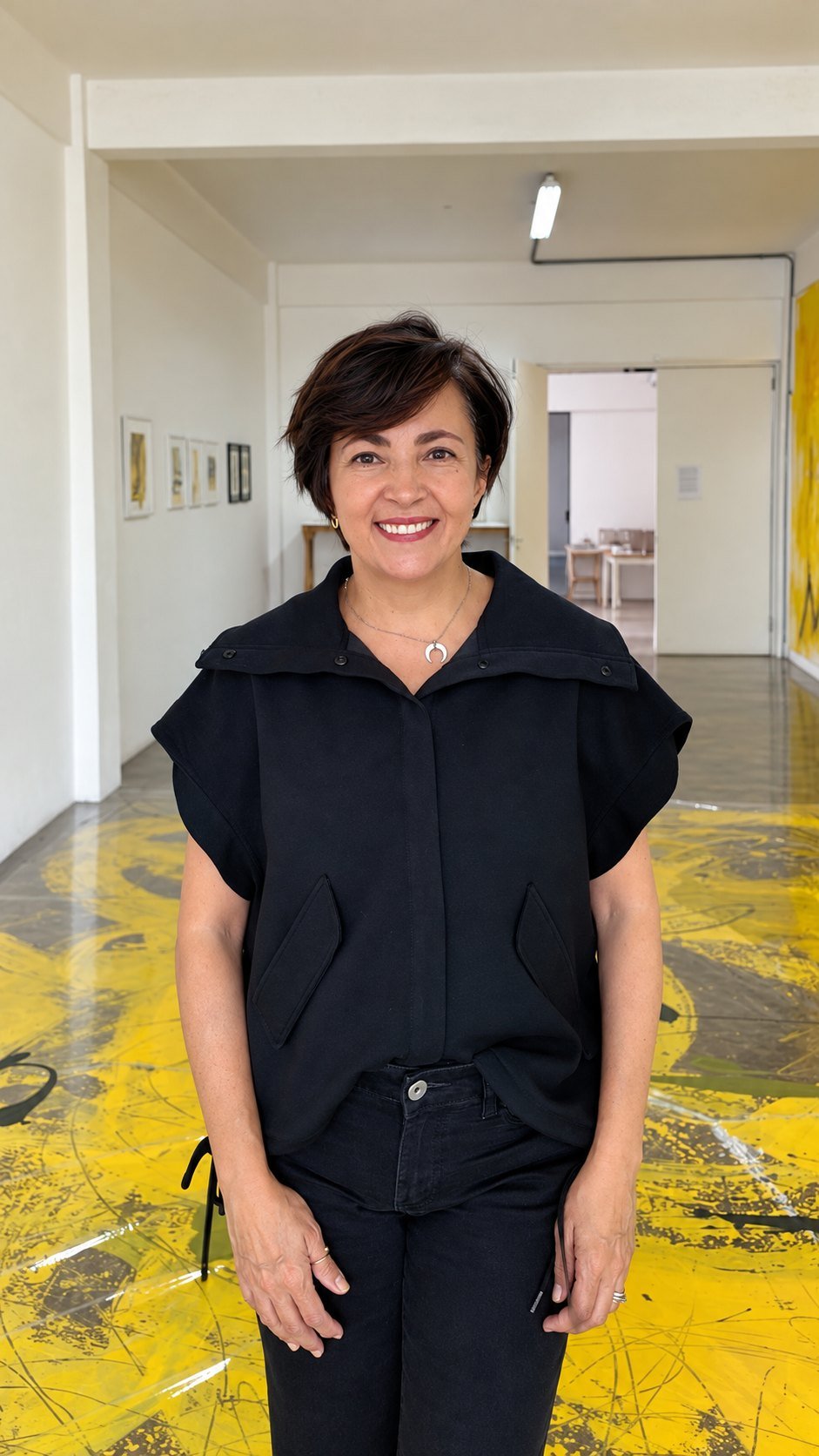Gabriela Sánchez sonriendo, vestida de negro, en una sala con obras amarillas en el suelo y las paredes.